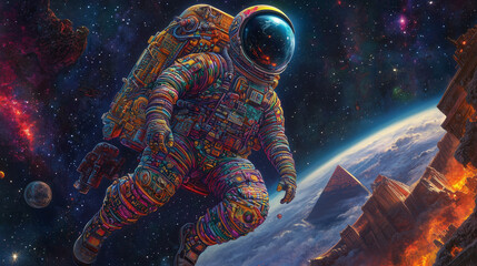 Fototapeta premium a colorful astronaut traveling with pyramids and the old time in space