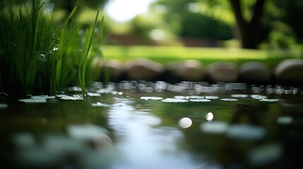 Fototapeta premium Peaceful Water Stream in Green Garden Setting with Natural Stone Borders : Generative AI