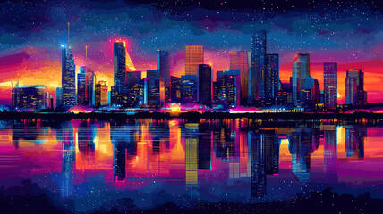 Fototapeta premium Vibrant Neon Cityscape Reflected on Water at Night