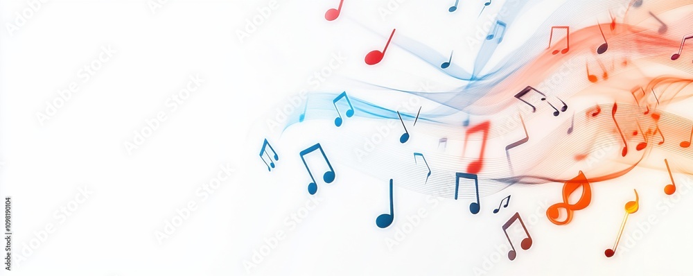 Poster abstract music notes flowing in vibrant colors with a soft backdrop.