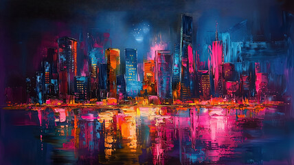 Fototapeta premium Vibrant Neon Cityscape Reflected on Water at Night