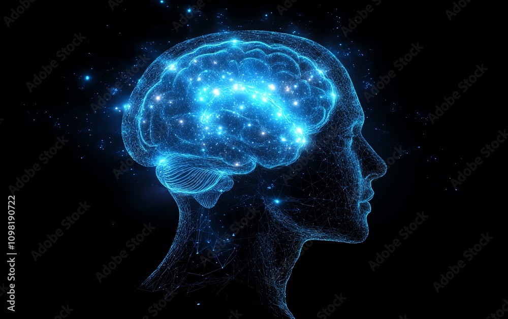 Poster abstract human head with neural network and glowing brain on a dark background, symbolizing artifici