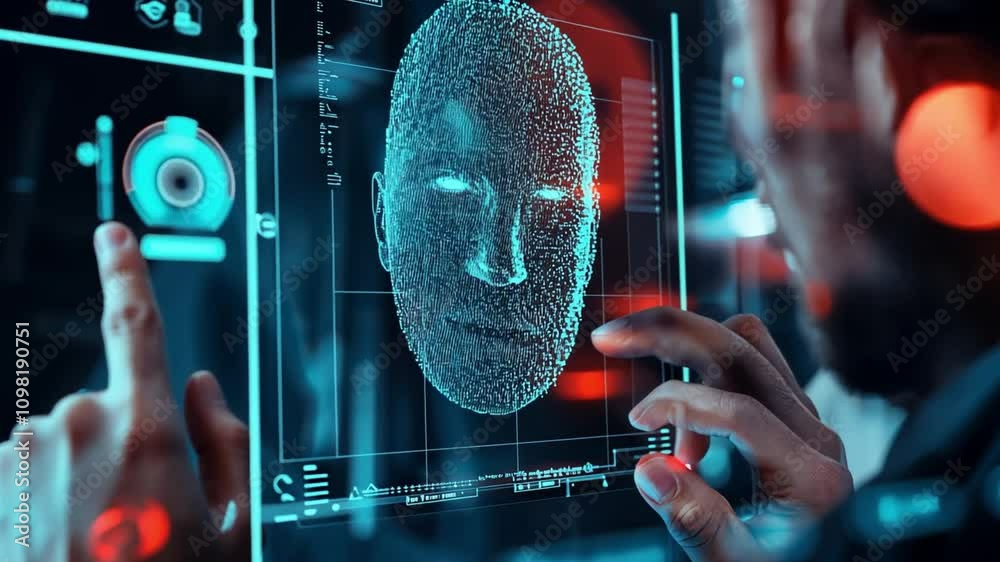 Poster A man is pointing at a computer screen with a face on it