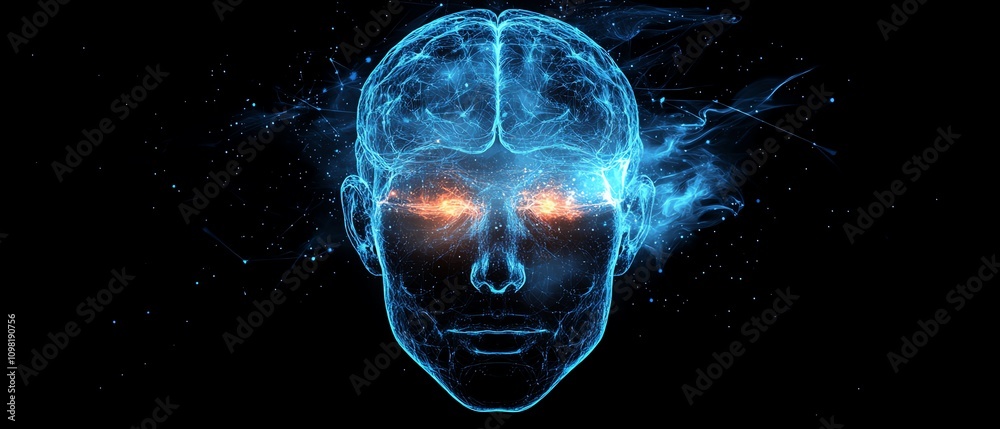 Poster abstract human head with neural connections and a glowing brain on a dark background, symbolizing th