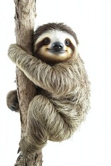 Fototapeta premium Sloth, animal on white background, isolated, funny animal hanging on a tree branch and scratching its belly.