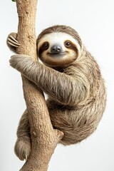 Fototapeta premium Sloth, animal on white background, isolated, funny animal hanging on a tree branch and scratching its belly.