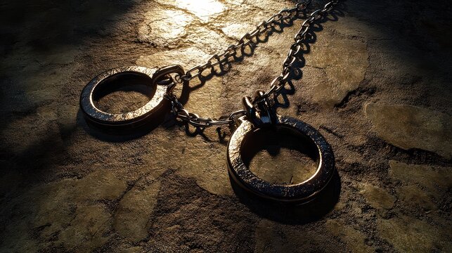  Handcuffs with short chain drape over rough stone table, stark shadows cast by overhead light, creating a dramatic, intense visual scene.