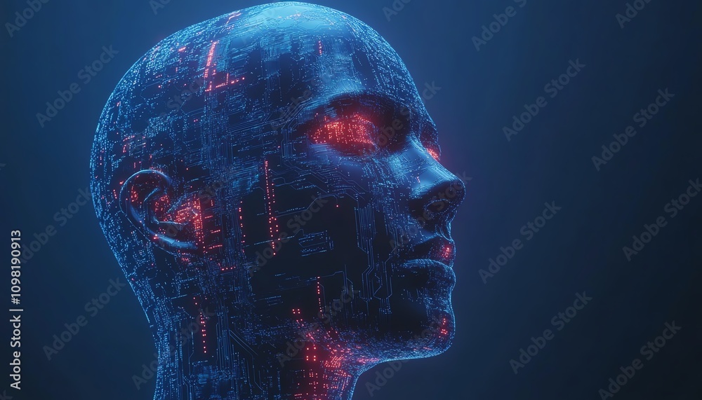 Poster abstract representation of artificial intelligence, human head constructed from data and circuits, g