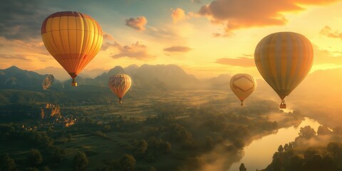 Fototapeta premium Colorful hot air balloons soar over a stunning desert landscape at sunset. created by ai