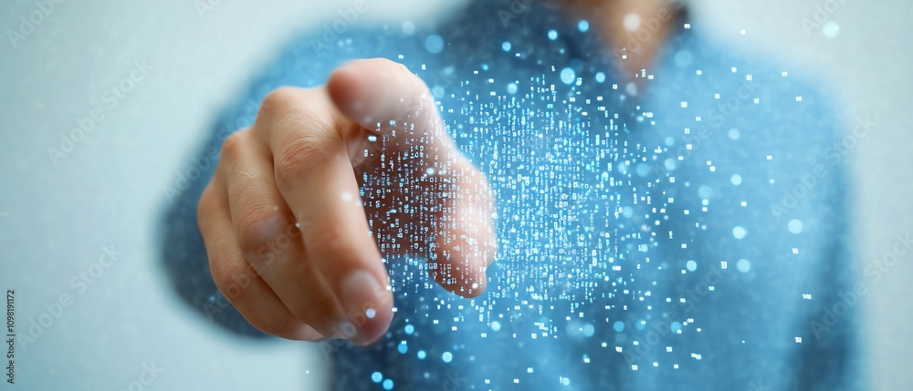 Poster digital data visualization with binary code and network connections held by a man in a blue shirt, w