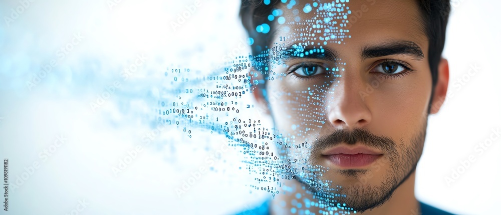 Poster digital data visualization with binary code and network connections held by a man in a blue shirt, w