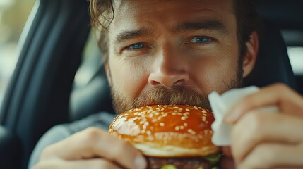  Close-up of man about to bite into a juicy burger inside a car, highlighting indulgence and casual eating on the go.