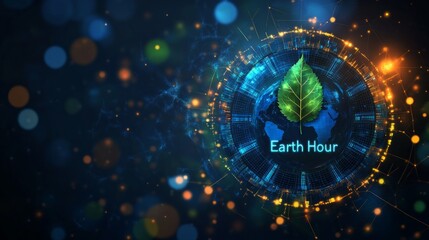 Obraz premium Earth Hour concept Green leaf on digital globe.