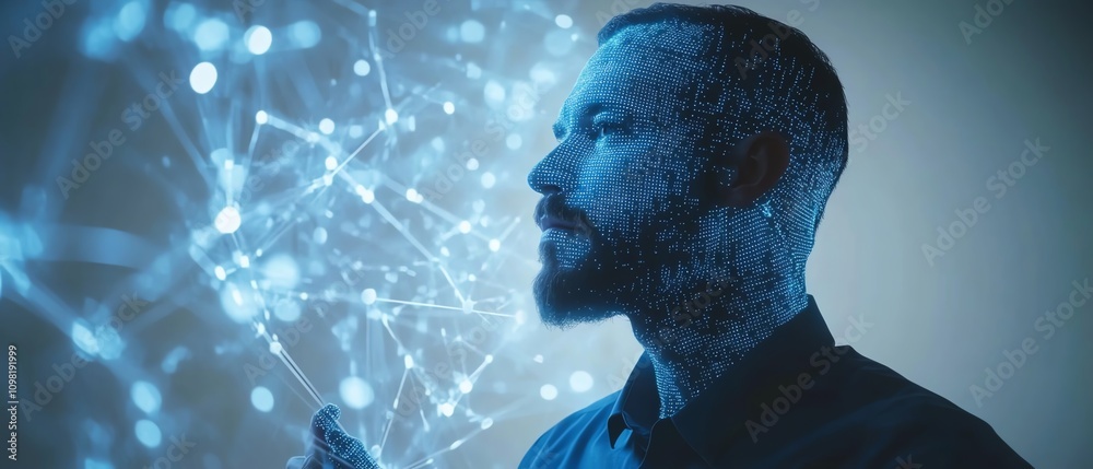 Poster man in a blue shirt holding a holographic digital data visualization with binary code and network co