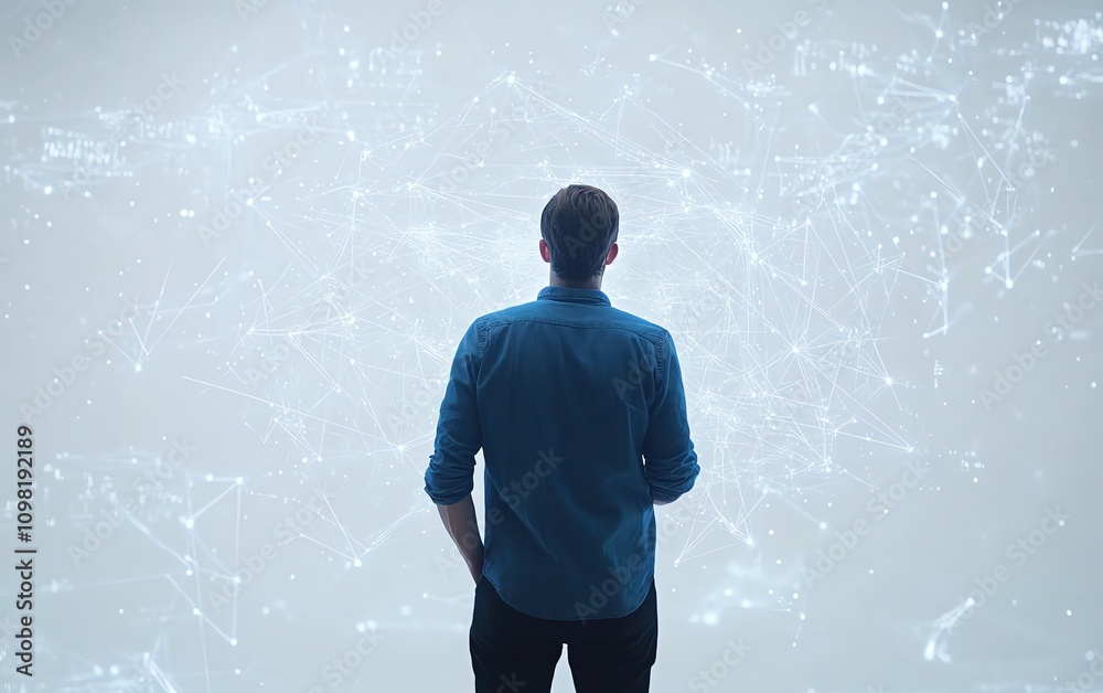 Poster man in a blue shirt interacting with a holographic digital data visualization featuring binary code 