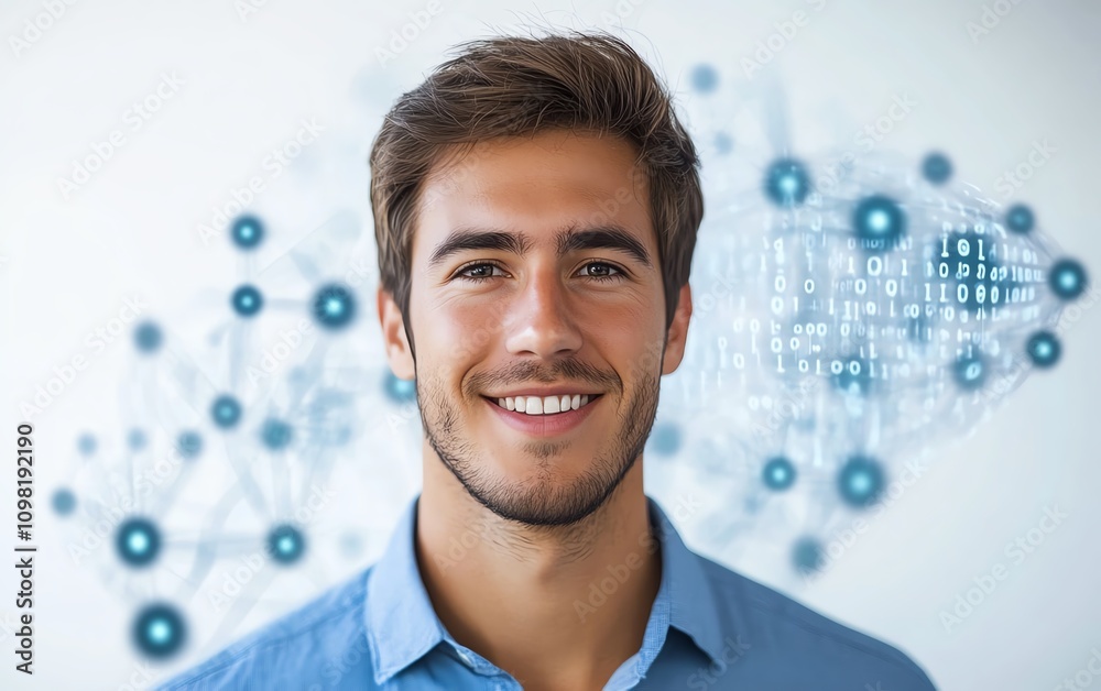 Poster man in a blue shirt showcasing a 3d holographic digital data visualization with binary code and netw
