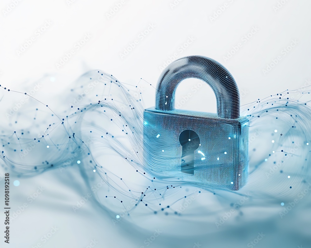 Poster 3d rendering of a digital padlock hologram with flowing data elements, white background with blue ne