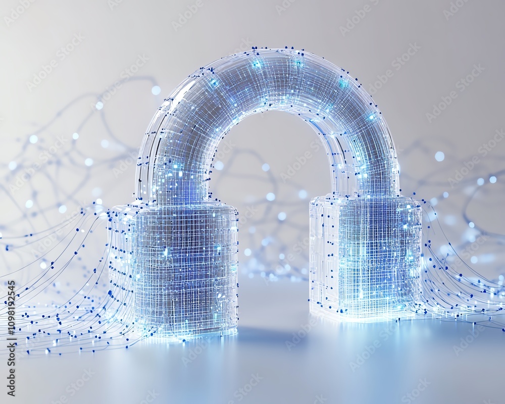 Poster 3d rendering of a digital padlock hologram with flowing data elements, white background with blue ne