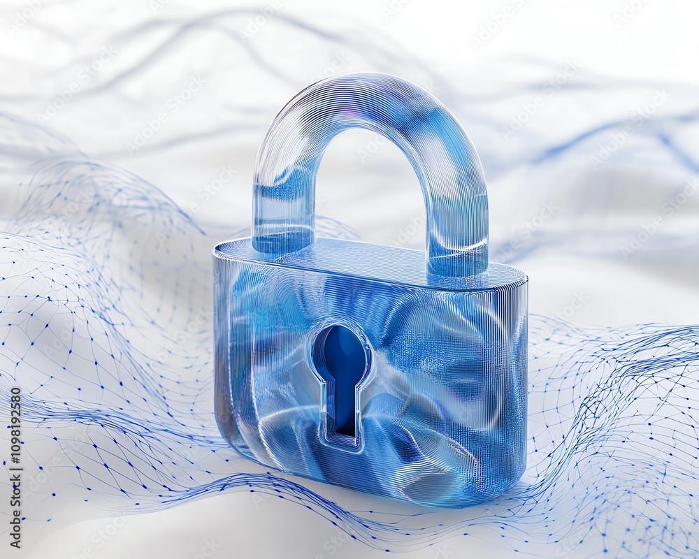 Poster 3d rendering of a digital padlock hologram with flowing data elements, white background with blue ne