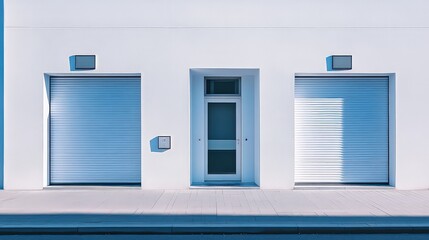  Minimalist white building facade with sleek blue doors and central entrance, showcasing modern and functional design.