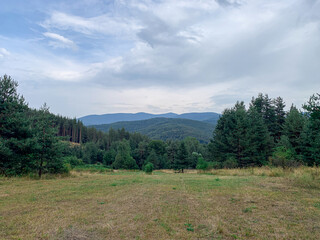 A serene landscape featuring a grassy clearing surrounded by dense pine forests, with rolling hills and mountains in the background under a partly cloudy sky.