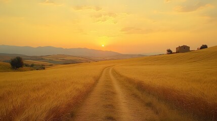 Fototapeta premium Golden wheat fields stretch under pastel sunset, a dirt path winding through the scene toward a distant farmhouse on the horizon, creating a serene rural view.
