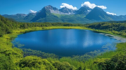 Fototapeta premium A serene mountain lake surrounded by lush greenery and towering peaks under a clear blue sky.
