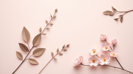 Delicate pink flowers and brown leaves arranged on a soft pink background, creating a minimalist floral composition.