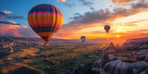 Obraz premium Colorful hot air balloons soar over a stunning desert landscape at sunset. created by ai