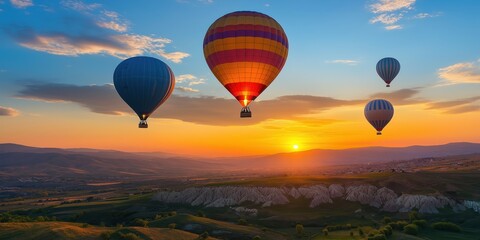 Fototapeta premium Colorful hot air balloons soar over a stunning desert landscape at sunset. created by ai
