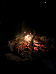 A small campfire crackles and glows under the watchful eye of the moonlit night sky.