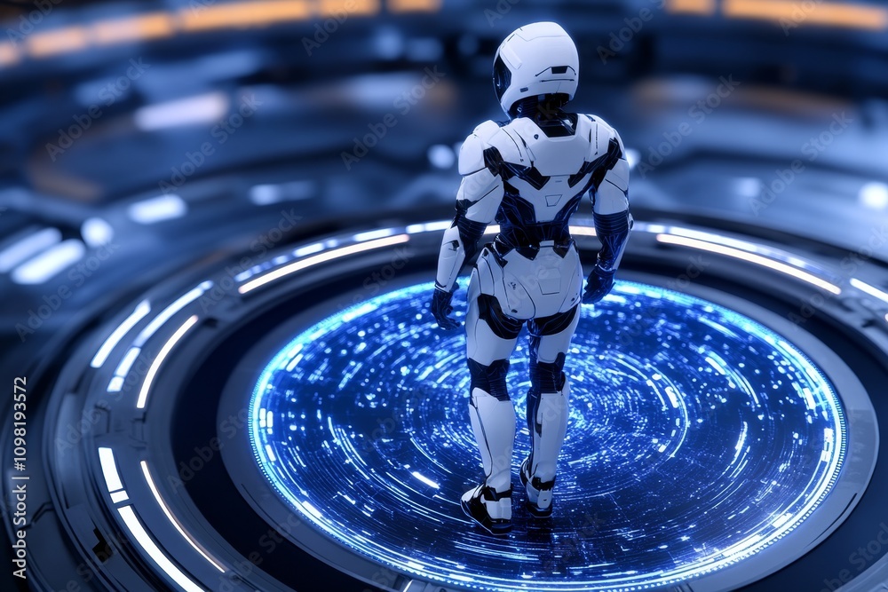 Poster a digital 3d illustration of an astronaut walking through a holographic map of a galaxy inside a fut