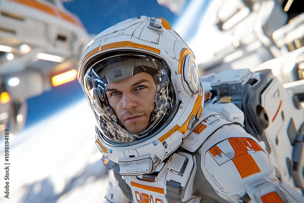 Poster a futuristic astronaut floating near a massive space station orbiting a distant blue gas giant