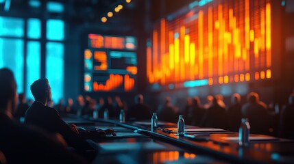  Dynamic business conference, roundtable talks in action, vibrant stage presentations, animated infographics inspiring collaboration.