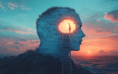 Mental health and wellbeing concept, ladder leading into a persons head, symbolizing imagination, personal growth, introspection, creative journey, mental clarity