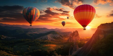 Fototapeta premium Colorful hot air balloons soar over a stunning desert landscape at sunset. created by ai