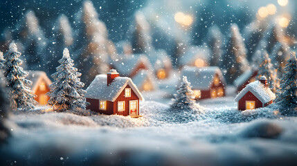 Naklejka premium Snow Covered Village Houses Winter Scene Lights