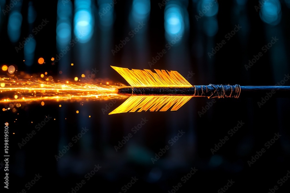 Poster A magical glowing arrow with ethereal trails of light, fired from an enchanted bow in a mystical forest