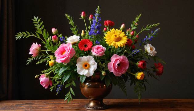 Mixed flower bouquet in ceramic vase on wooden table