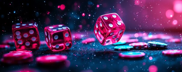 Casino dice on a dark backdrop, glowing casino gaming elements, online casino banner, dynamic lighting, thrilling design for gambling showcase