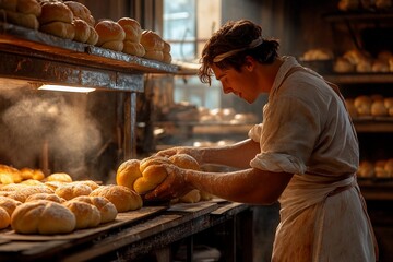 Mastering the art of bread making in a rustic bakery at dawn. Generative AI