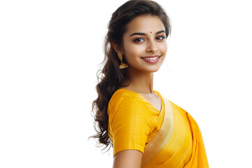 Traditional Beauty in Yellow Saree, Smiling with Side Glance, Perfect for Ad Space.