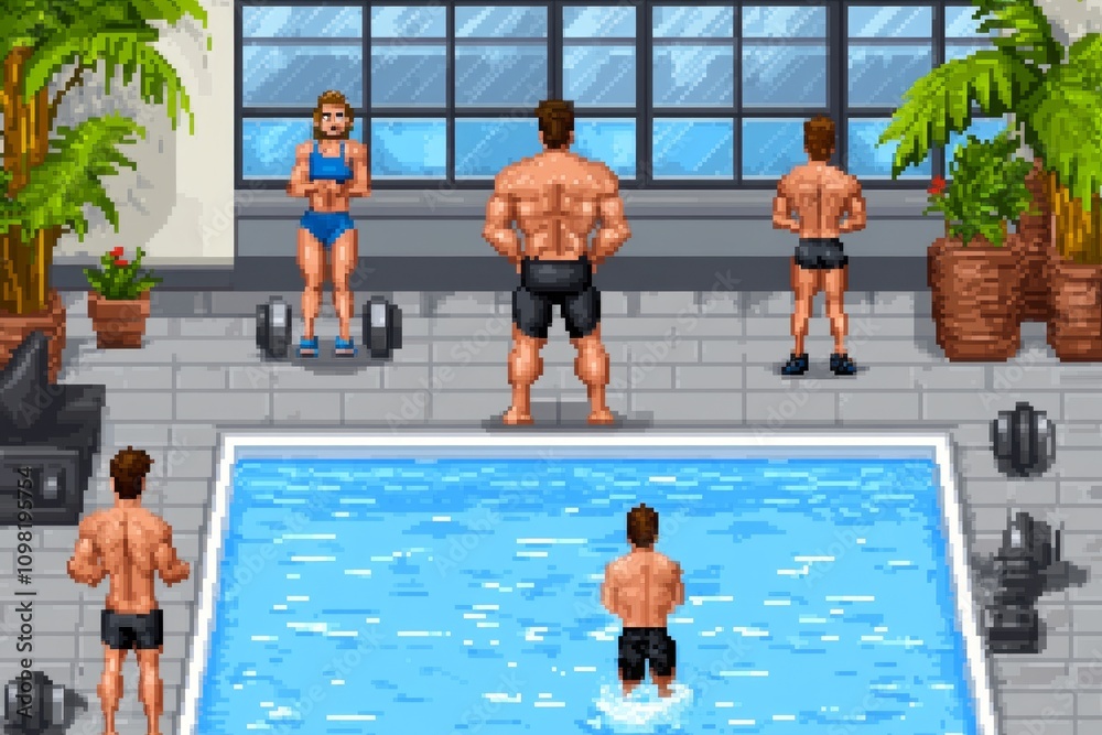 Aufkleber a pixel art scene of an aqua aerobics class, with colorful characters splashing in a pixelated pool 
