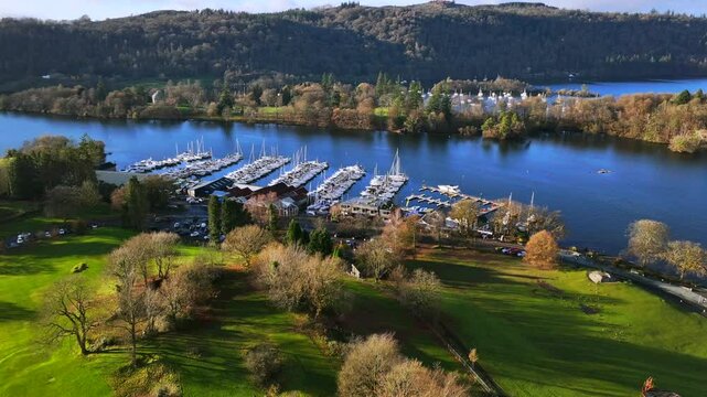 Autumnal aerial video of Wendemire lake in Cumbria - United Kingdom. 