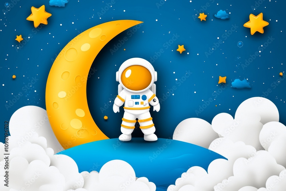 Poster A simple representation of an astronaut standing on a crescent moon, drawn in a flat style with soft pastel tones