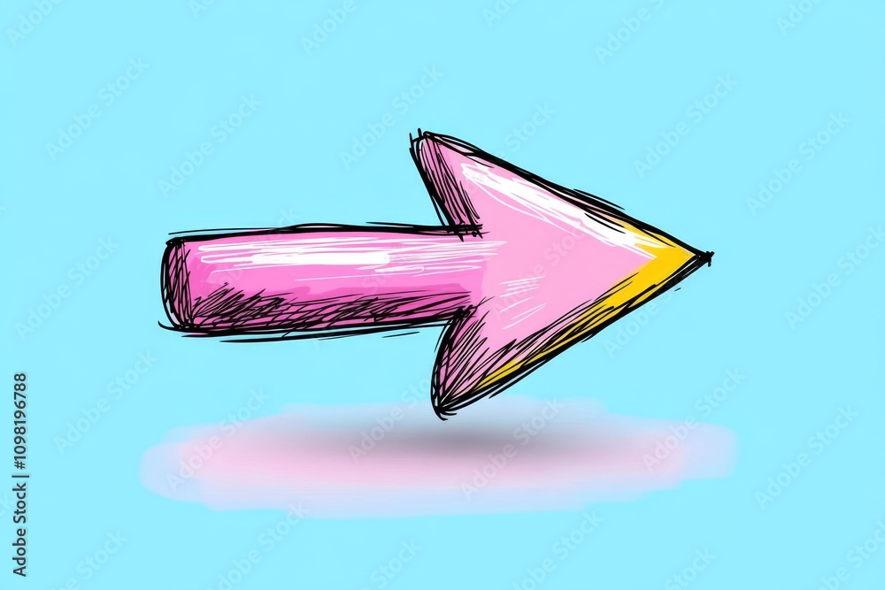 Poster a simple flat arrow illustration with a curved tail, drawn in pastel colors on a plain backdrop