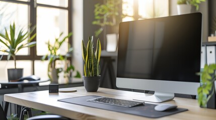 A computer desktop sits in a serene office environment, fostering creativity and concentration, ideal for tasks requiring focus, innovation and a calm productive atmosphere.