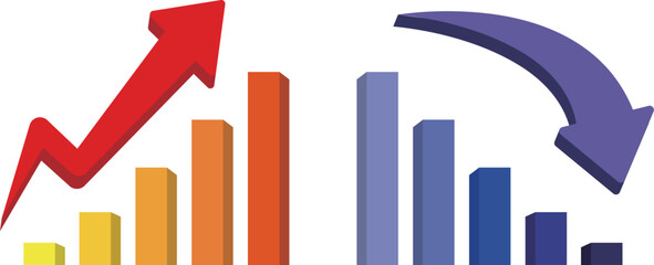 上昇する赤矢印と下降する青矢印のグラフの立体イラスト　棒グラフ（アップとダウン）