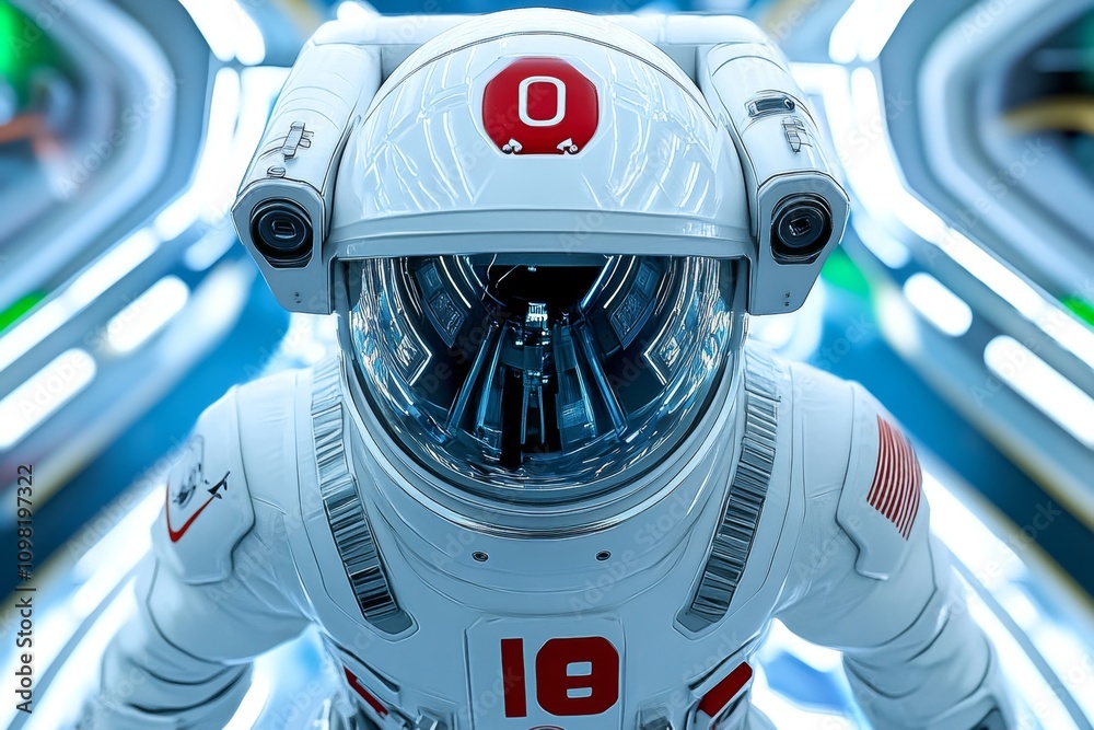 Poster a space station interior with astronauts floating in zero gravity, surrounded by advanced technology