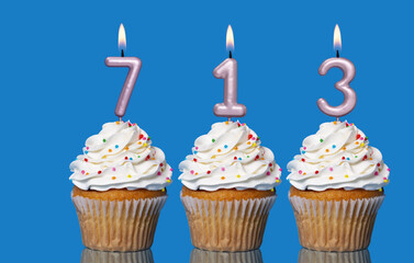 Birthday Cupcakes With Candles Lit Forming The Number 713